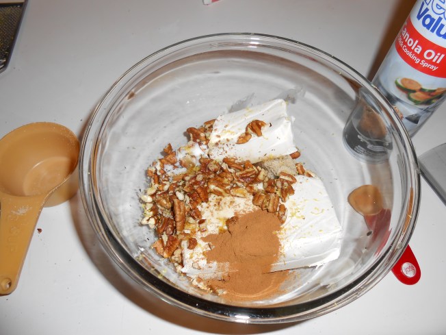 Filling of pecans, lemon zest, cream cheese, cinnamon and SUGAH